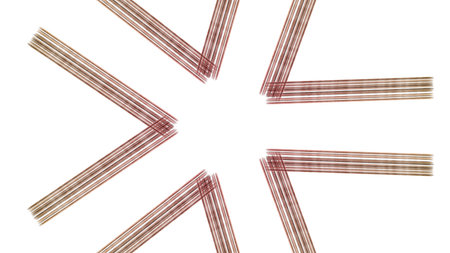Abstract radial pattern of parallel reddish brown lines on white, geometric starburst design element