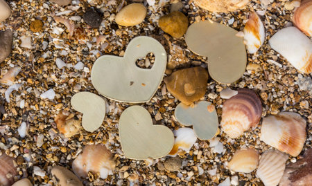 Five small metallic heart shapes are placed in shallow water with seashells and sand.の写真素材