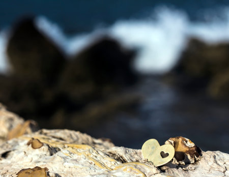 A bright beautiful metal heart is placed on top of a rock. In the background is a rocky beach and a breaking wave.の写真素材
