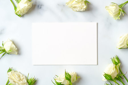 Anniversary congratulation flower background. White rose frame and blank paper card on marble...