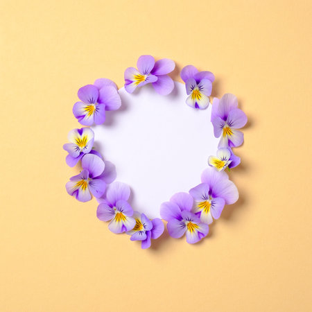 Creative flat lay composition: circle blank paper and blooming flower petals on yellow background....