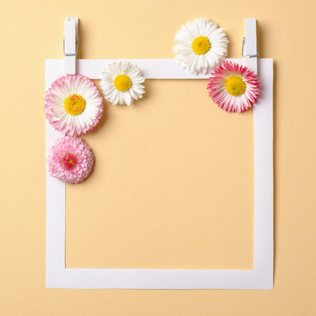 Spring composition made with colorful flowers and paper frame border on pastel yellow background....
