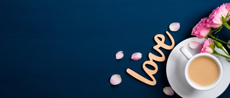 Valentine Day banner. Roses bouquet, coffee cup, petals, wooden text sign Love on blue background....