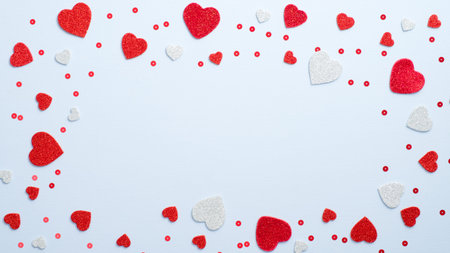 Valentine's Day holiday frame made of red and white hearts on blue background. Romantic greeting...
