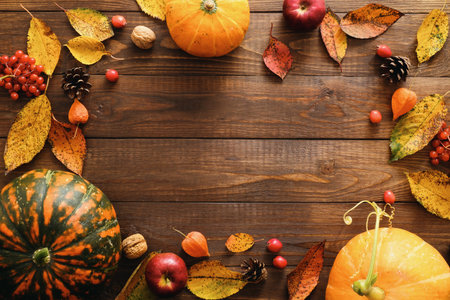Autumn frame made of pumpkins, dried fall leaves, apples, red berries, walnuts, pine cones on wooden...