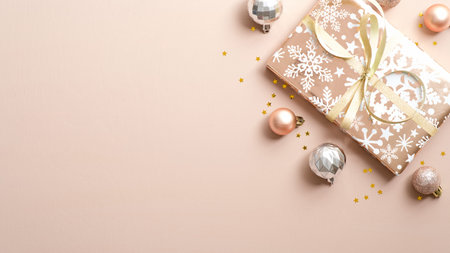 Christmas banner with gift box wrapped festive pink paper, balls, confetti over beige background....