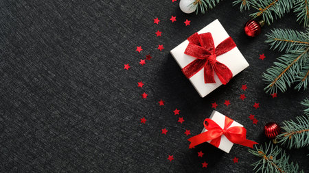 Elegant Christmas gift boxes with red ribbon bows, fir tree branches, sparkle confetti on black...
