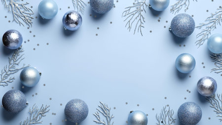 Christmas frame. Christmas balls in pastel colors and silver decorations on blue background. Flat...