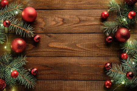 Wooden Christmas background with red balls decoration, lights, Christmas tree branches. Xmas...