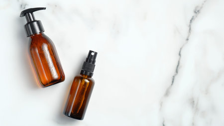 Set of amber glass packaging on marble background. Pump bottle with natural organic shampoo and...