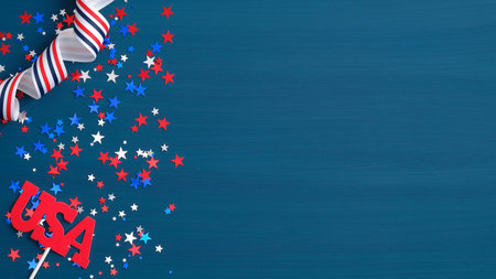 Happy Presidents Day USA concept. Festive flat lay style composition with sign USA, grosgrain ribbon...