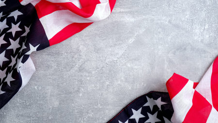 Frame of US American flags on concrete stone background. Banner template for Presidents day, USA...