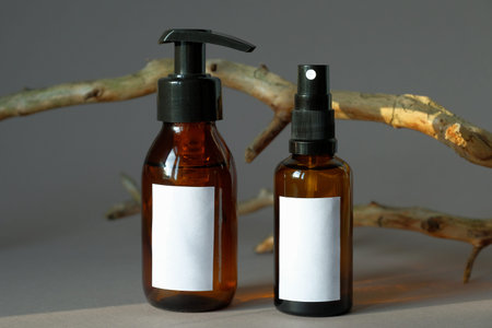Amber glass bottles mockup with wooden branch. Pump bottle and sprayer with white blank labels. SPA natural organic cosmetics packaging designの写真素材