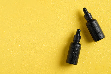 Wet black cosmetic dropper bottles in droplets of water on yellow background. Luxury essential oil...
