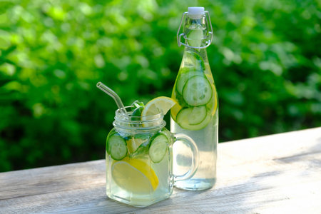 Detox water with cucumber, lime and mint in glass jar and bottle. Healthy lifestyle, summer drink concept.の写真素材