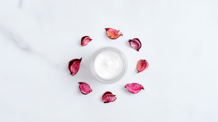 Organic cosmetic cream jar and red flower petals on marble background. Top view, flat lay. Natural...