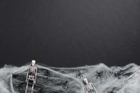 Black Halloween background with spider webs, skeletons, spiders. Scary halloween party invitation, banner mockupの写真素材