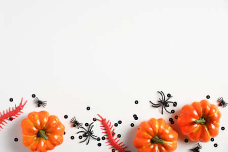 Halloween decorations on pastel white background. Flat lay composition with pumpkins, spiders, insects, confetti. Halloween concept. Top view with copy space.の写真素材