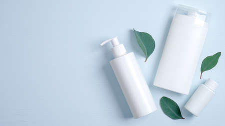 Cosmetics SPA branding mockup. Pump plastic bottle for intimate gel, shampoo bottle, essential oil for hair container and green leaves. Natural organic beauty product concept, flat lay, top viewの写真素材