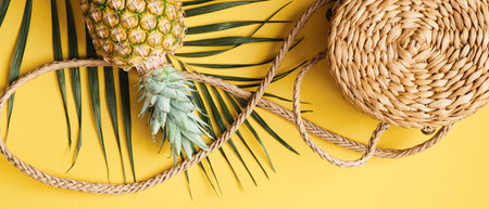 Top view female traveler accessories on yellow background. Flat lay rattan straw bag, pineapple,...