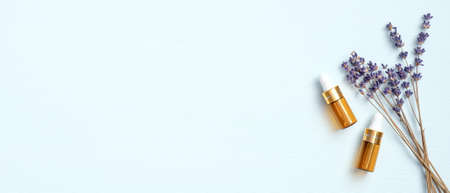 Lavender essential oil and dried flowers of lavender on blue background with copy space. Natural organic SPA cosmetic product. Flat lay, top viewの写真素材