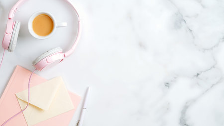 Home office desk workspace with pink notepad, pen, envelope, headphones, cup of coffee on marble...