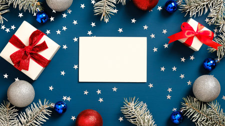 Merry Christmas greeting card mockup, white gift boxes with red ribbon bows, pine tree branches and...