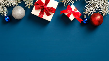 Christmas frame border made of gift boxes and pine branches with balls on dark blue background. Flat...