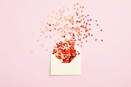 Valentines Day concept. Paper envelope and red hearts confetti on pastel pink background. Flat lay, top view. Love letter, romantic mail.の写真素材