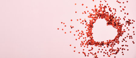 Heart shaped red confetti on pink background. Happy Valentines day, Mothers day, birthday concept. Flat lay, top view.の写真素材