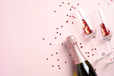 Champagne bottle and glasses with heart shaped confetti on pink background. Flat lay, top view, copy space. Happy Valentines Day greeting card design.の写真素材