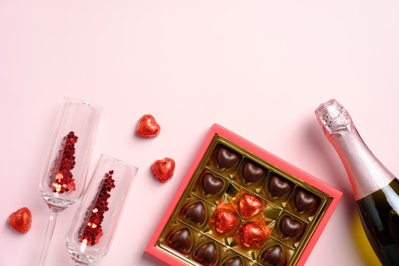Happy Valentines Day composition. Flat lay, top view champagne bottle, glasses, sweets on pink table. Love, romance concept.の写真素材