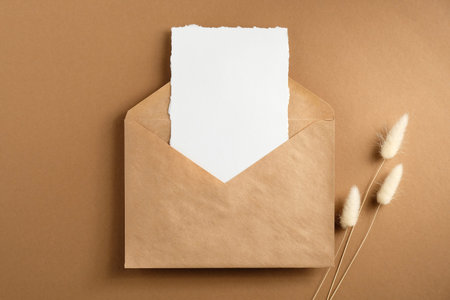 Envelope with blank paper card inside and dried flowers on brown background. Flat lay, top view.の写真素材