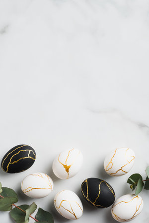 Happy Easter vertical banner mockup. Luxury Easter eggs decorated gold and eucalyptus leaves on...
