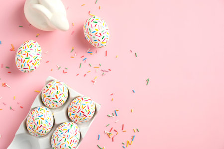 Creative layout with colorful Easter eggs and bunny on pink background. Happy Easter banner mockup....