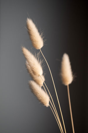 Dry fluffy bunny tails grass on dark background. Tan pom pom plantの写真素材