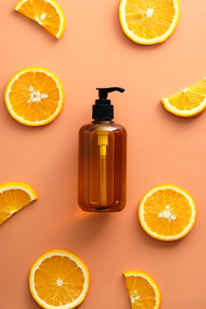 Amber glass dispenser bottle with sliced orange top view. Natural SPA fruit beauty product.の写真素材