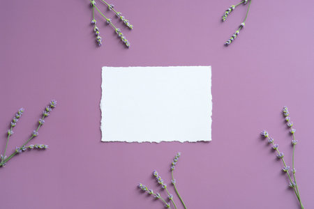 Blank paper card mockup and lavender flowers on purple background. Flat lay, top view.