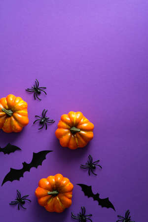Happy Halloween holiday concept. Halloween decorations, pumpkins, bats on purple background. Halloween party greeting card mockup with copy space. Flat lay, top view, overhead.の写真素材