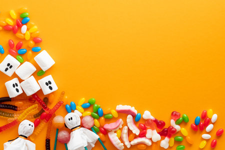 Happy halloween holiday concept. Halloween decorations and candies on orange background. Halloween party greeting card mockup with copy space. Flat lay, top view, copy space.の写真素材