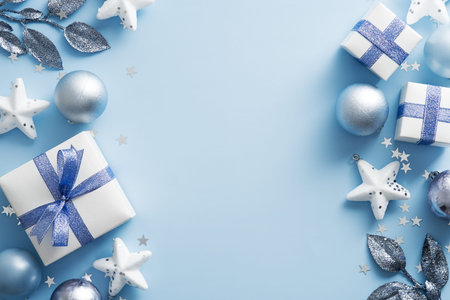 Modern Christmas frame border. Flat lay silver balls, gift boxes, stars over blue background. Top...