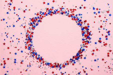 Happy Labor Day banner mockup with American flag color confetti circle on pink background. USA Independence Day, Memorial Day, US Veterans day concept.の写真素材