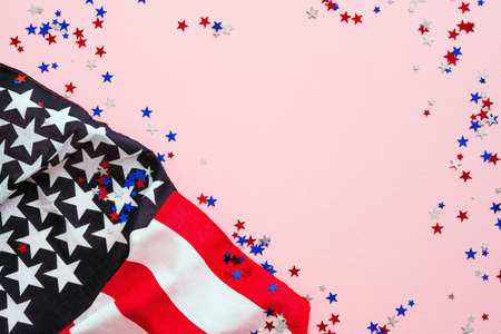 USA Veterans Day banner design. American flag and confetti on pink background. USA Independence Day, Memorial Day, US Labor day concept.の写真素材