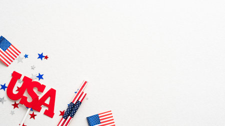 Happy President's Day card, poster, background. Flat lay composition with United states decorations...