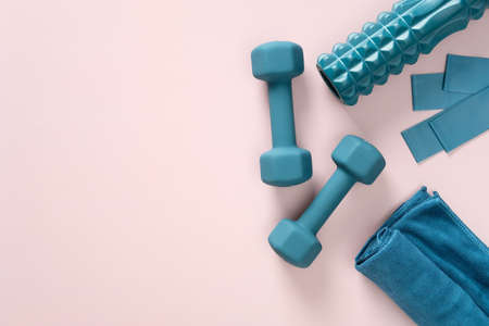 Workout equipment for training at home top view. Fitness, workout items, healthy lifestyle concept.の写真素材