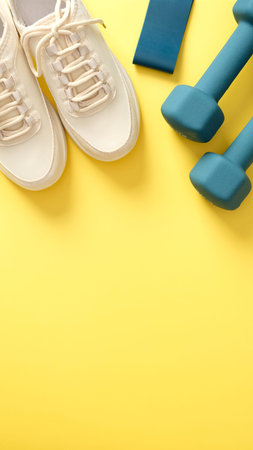 Feminine sport shoes, dumbbells, fitness tape on yellow background top view. Sport blog vertical banner designの写真素材