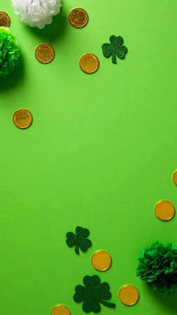 Irish Saint Patricks day concept. Vertical banner mockup with gold coins, clover leaves, decorations...