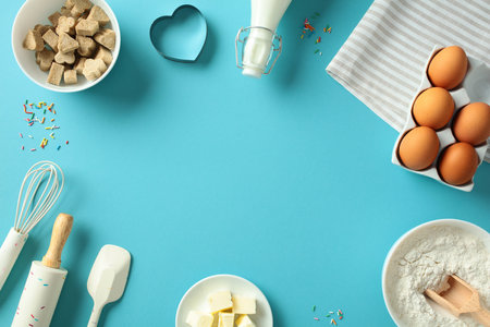 Frame of baking ingredients and tools on a blue background. Flat lay, top view, copy spaceの写真素材