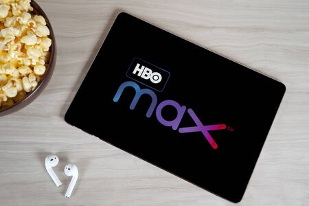 Grand Prairie, TX/USA Oct 2019: HBO Max logo on tablet screen. HBO Max is a new streaming service for watching premium video content.のeditorial素材