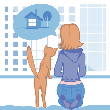 Young woman and a cat sitting by the window, look at the megapolis and the dream of a country houseのイラスト素材